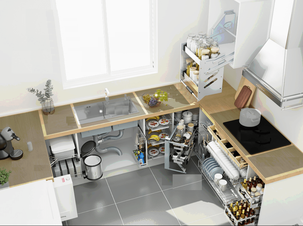 Tủ bếp với nhiều kệ và ngăn kéo chứa đồ